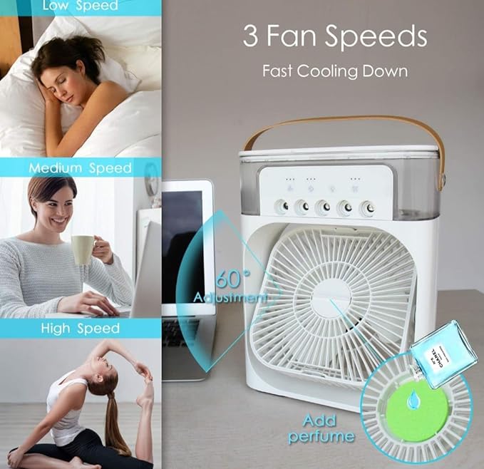 3-in-1 USB Mini Air Cooler Fan ❄️ Humidifier 🌫️ & LED Night Light 🌙