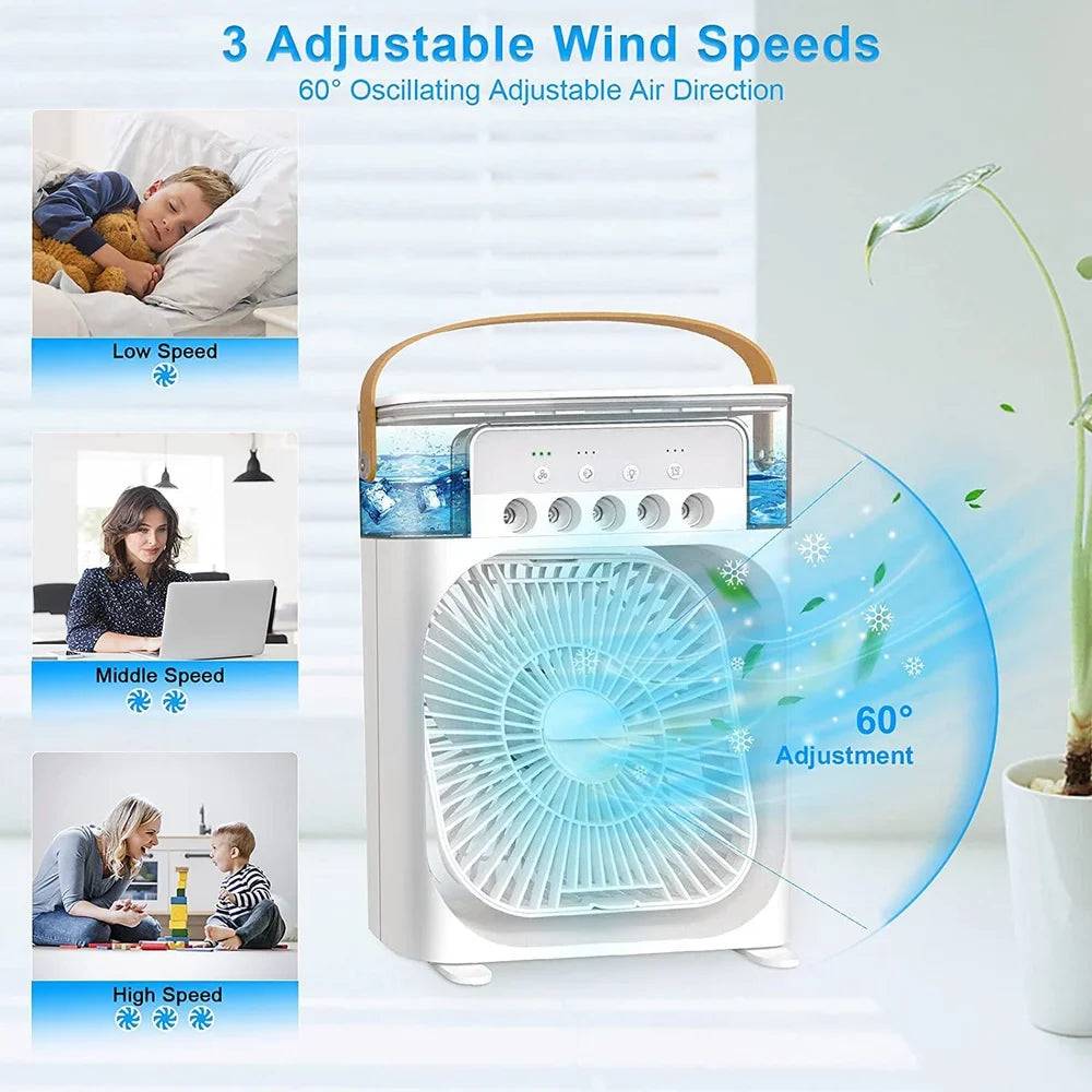 3-in-1 USB Mini Air Cooler Fan ❄️ Humidifier 🌫️ & LED Night Light 🌙
