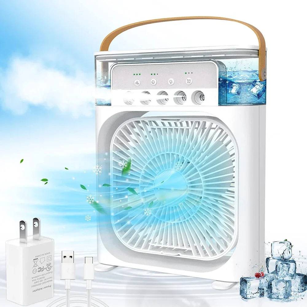 3-in-1 USB Mini Air Cooler Fan ❄️ Humidifier 🌫️ & LED Night Light 🌙