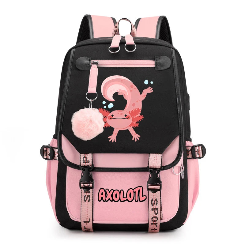 Cute Axolotl Print School Backpack – USB Charging Bag for Girls & Kids