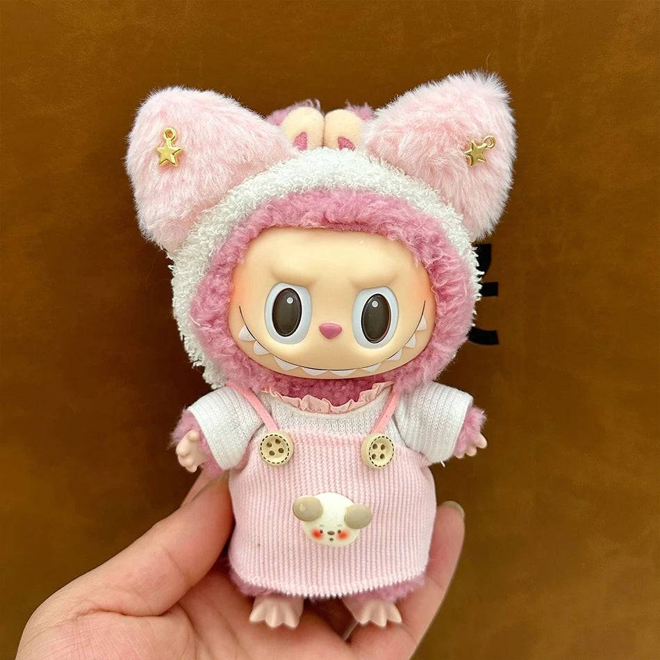Labubu Autumn Jumpsuit Set – Cartoon Pants & Hat for Plush Dolls (Clothes Only)
