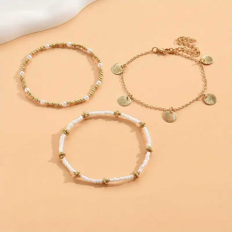 3pcs Retro Pearl Beads Anklet for Women