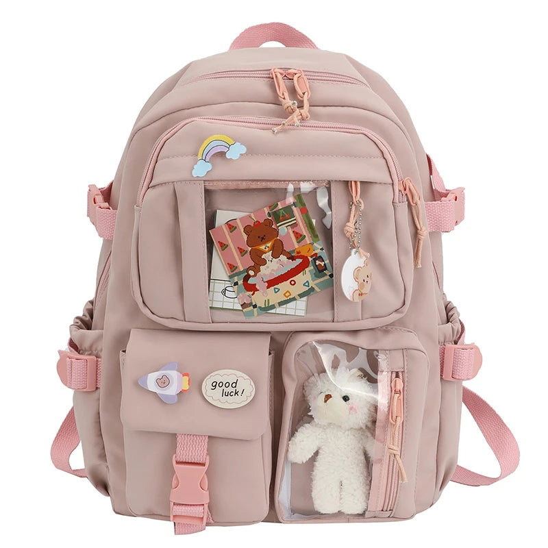 Cute Women’s Backpack – Waterproof Multi-Pocket Nylon Kawaii School Bag for Students & Girls
