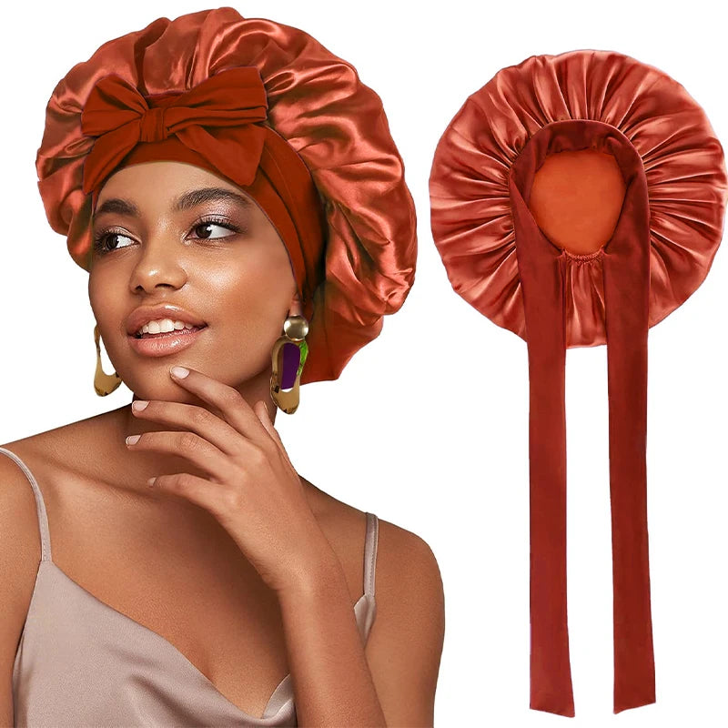 Adjustable Satin Sleeping Bonnet for Women – Solid Color Night Cap with Stretchy Tie Band & Elastic Fit