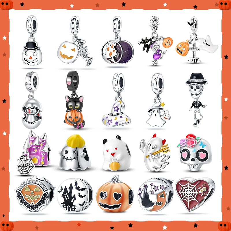 ✨ 925 Sterling Silver Halloween Charms – 🧙♀️ Witch, 💀 Skeleton, 👻 Ghost & 🎃 Pumpkin | Pandora-Style Bracelet Compatible