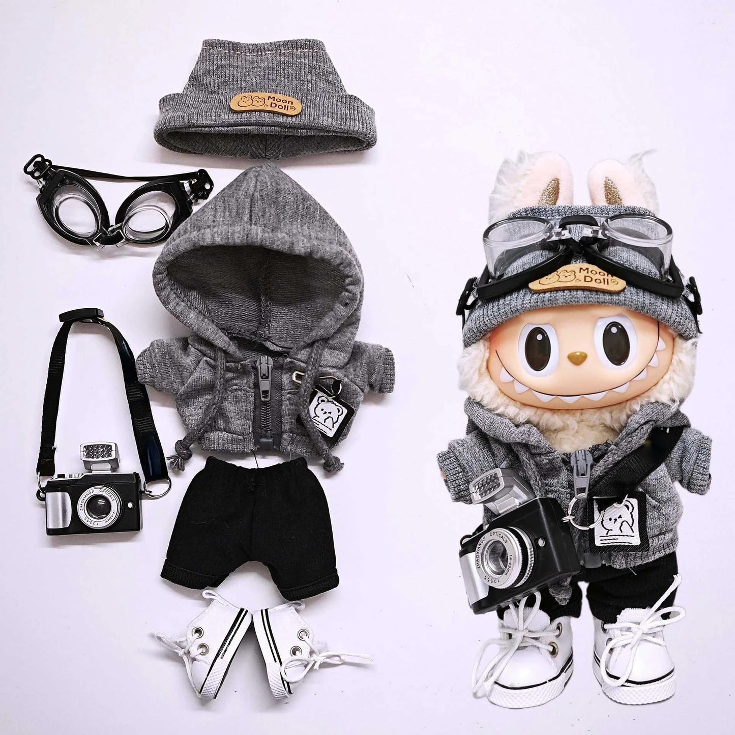 Labubu Universal Hoodie Set – Gray Outfit with Camera, Glasses & Shoes (15-17cm)