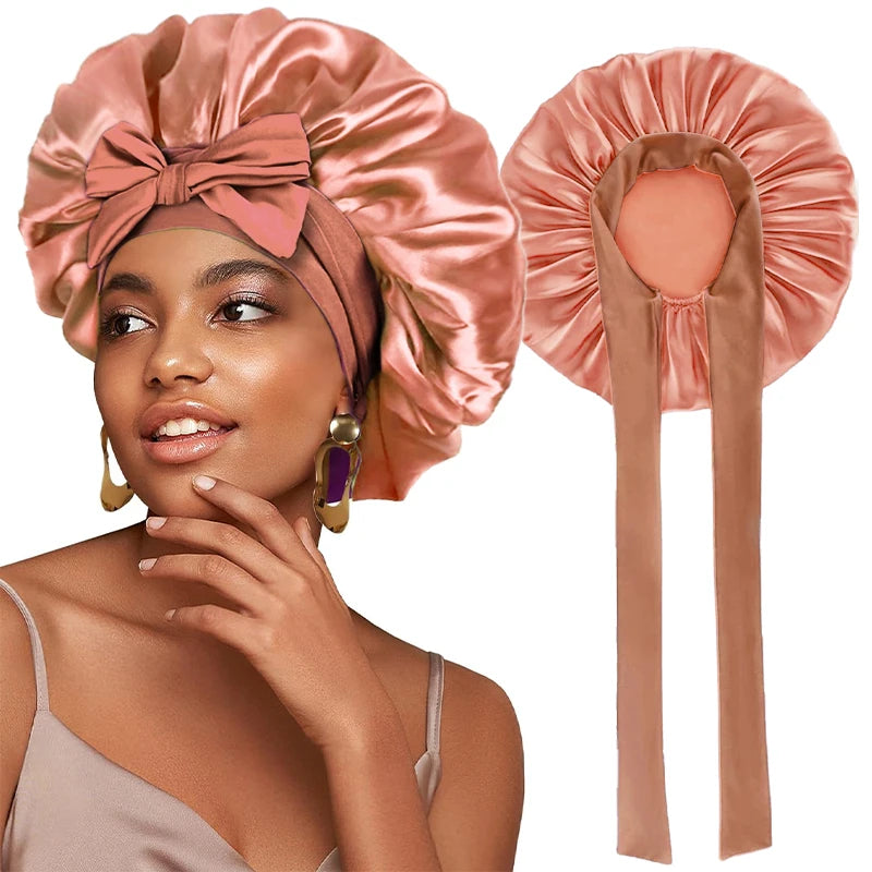 Adjustable Satin Sleeping Bonnet for Women – Solid Color Night Cap with Stretchy Tie Band & Elastic Fit
