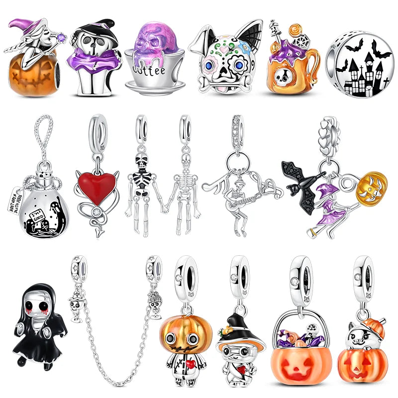 ✨ 925 Sterling Silver Halloween Charms – Witch, Pumpkin & Poison Elements | Pandora-Style Bracelet Compatible