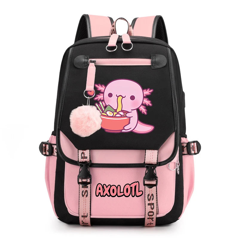 Cute Axolotl Print School Backpack – USB Charging Bag for Girls & Kids