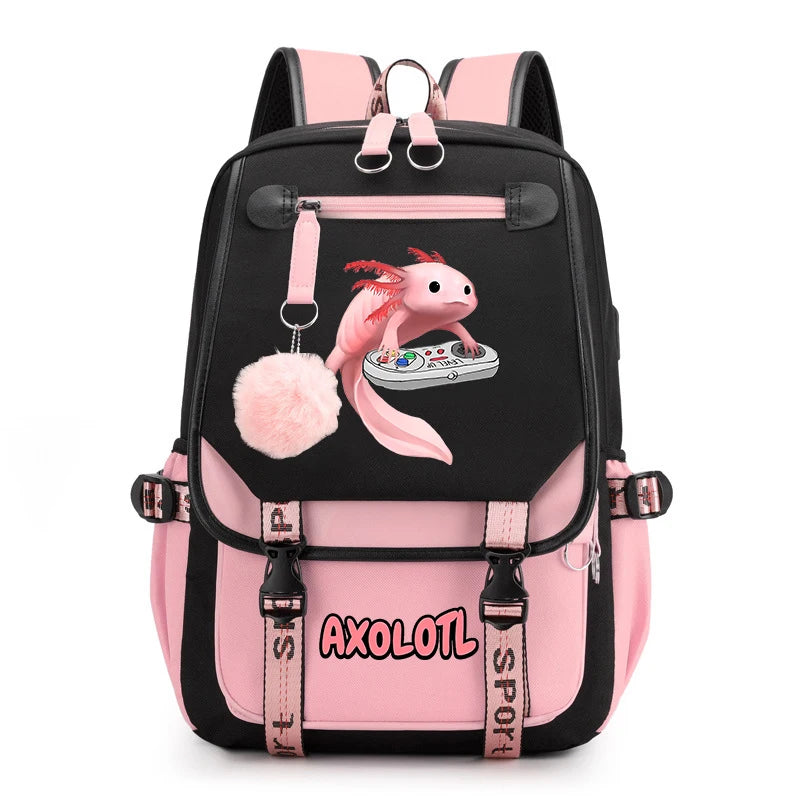 Cute Axolotl Print School Backpack – USB Charging Bag for Girls & Kids