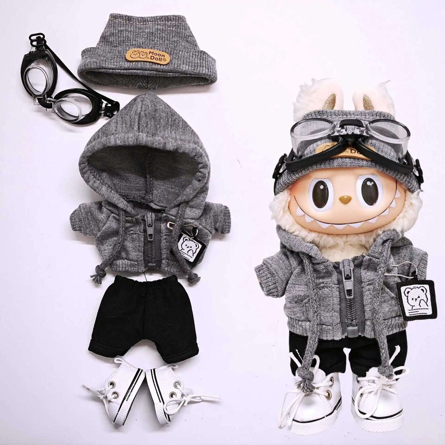 Labubu Universal Hoodie Set – Gray Outfit with Camera, Glasses & Shoes (15-17cm)