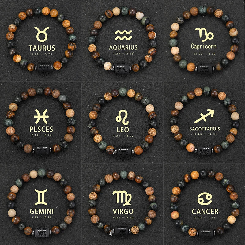 ✨ 12 Zodiac Natural Stone Bracelet – Cancer, Virgo, Leo, Libra – Unisex Couple & Friendship Jewelry Gift