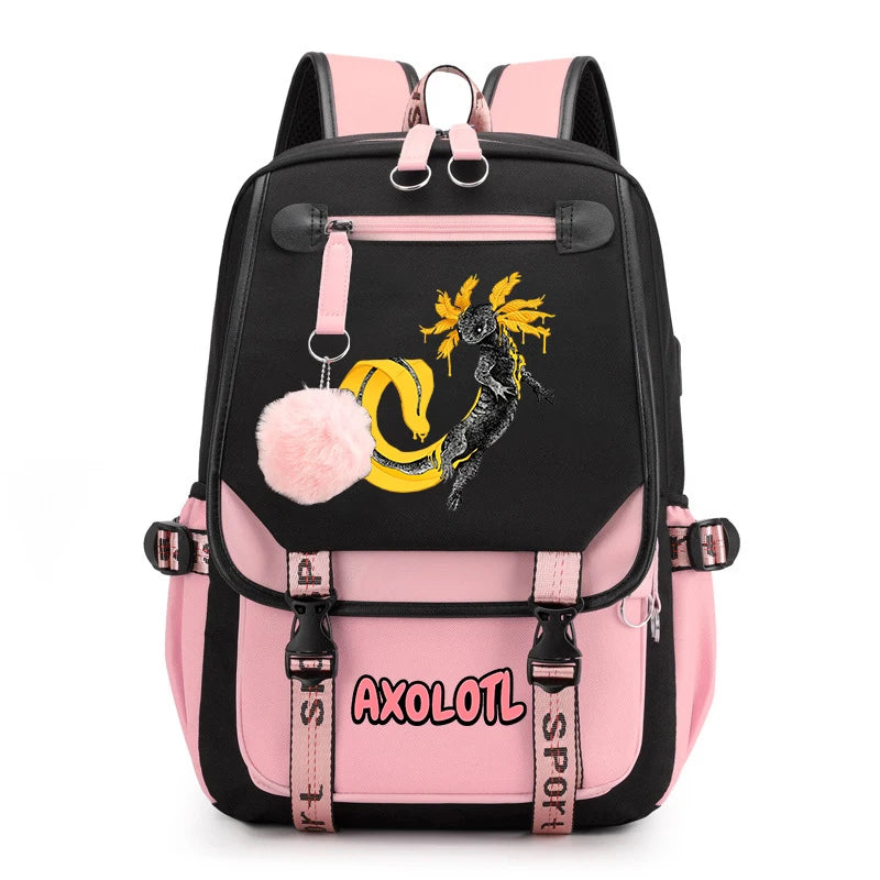 Cute Axolotl Print School Backpack – USB Charging Bag for Girls & Kids