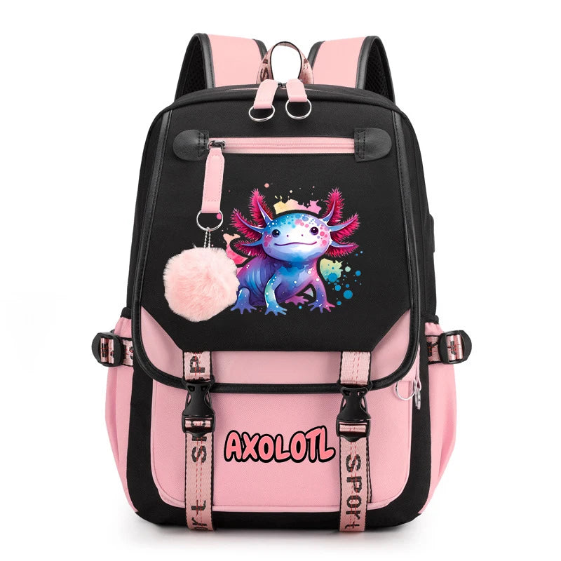 Cute Axolotl Print School Backpack – USB Charging Bag for Girls & Kids
