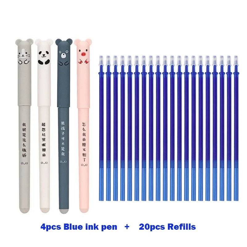 Kawaii Pig Bear Cat Erasable Gel Pen Set - 4+20 Pcs for School & Office