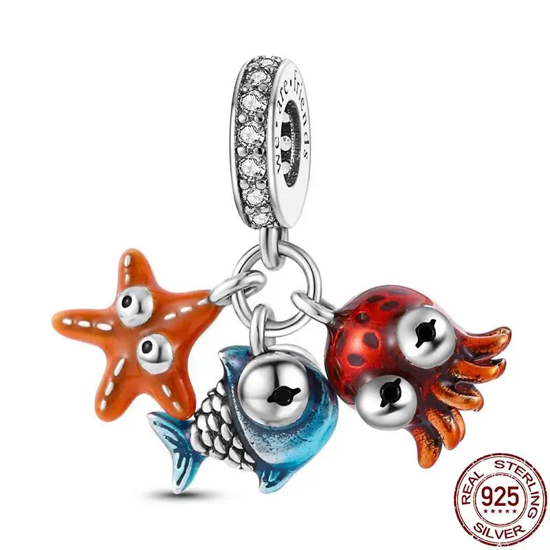 ✨ 925 Silver Ocean Charms – 🐙 Octopus, 🐢 Sea Turtle, 🐬 Dolphin & 💧 Blue Zircon | Pandora-Style Bracelet Compatible