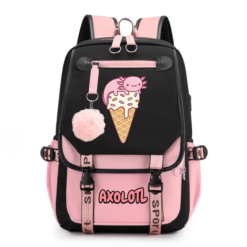 Cute Axolotl Print School Backpack – USB Charging Bag for Girls & Kids