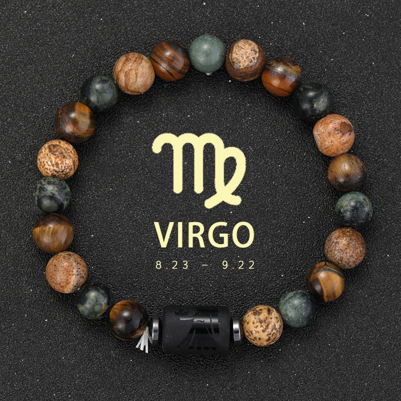 ✨ 12 Zodiac Natural Stone Bracelet – Cancer, Virgo, Leo, Libra – Unisex Couple & Friendship Jewelry Gift