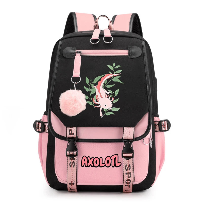 Cute Axolotl Print School Backpack – USB Charging Bag for Girls & Kids