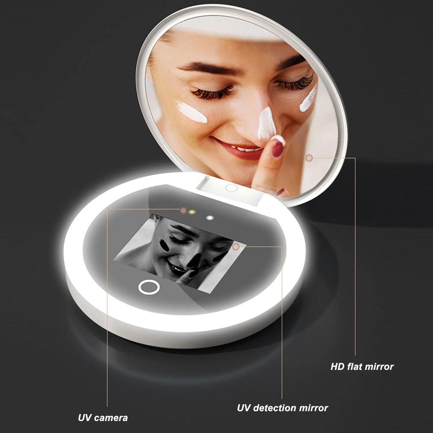 🌞 UV Camera Makeup Mirror with LED Lights – 2X Magnification, Smart Touch, Portable Sun Protection Checker