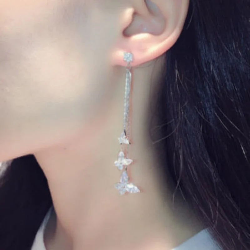 🦋 Shiny Crystal Butterfly Tassel Earrings – Elegant Long Dangle CZ Zircon Earrings for Women – Wedding & Party Jewelry