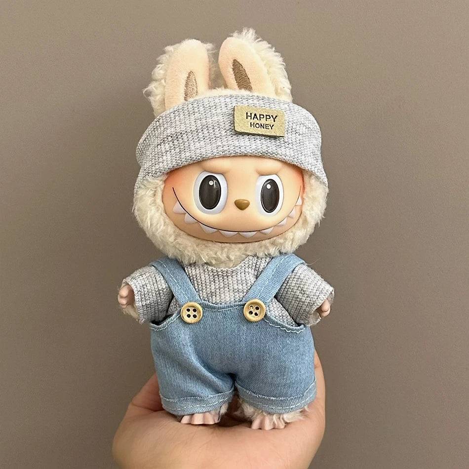 Labubu Autumn Jumpsuit Set – Cartoon Pants & Hat for Plush Dolls (Clothes Only)