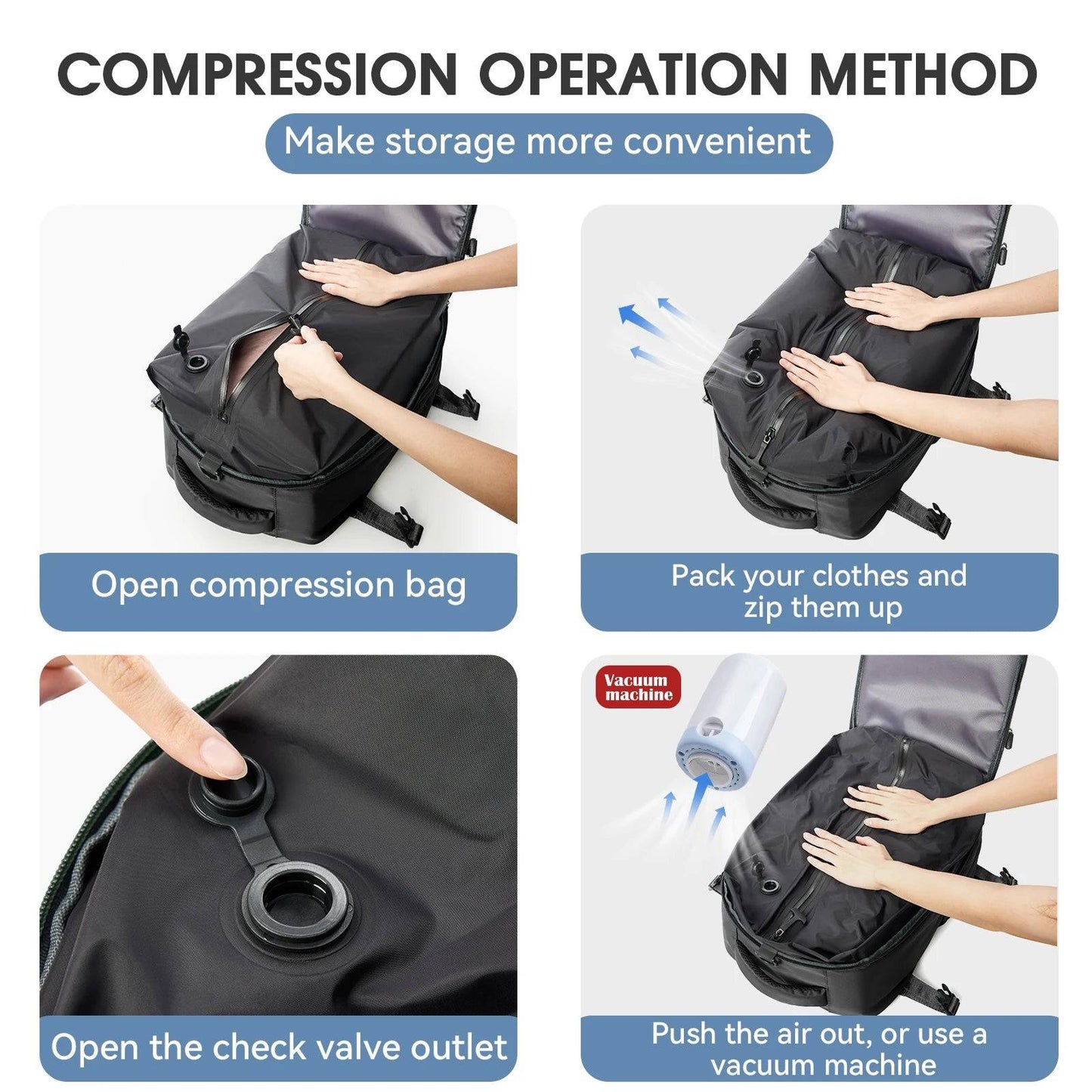 Vacuum Backpack Travel Bag – Large Capacity Expandable Business & School Laptop Backpack for Men & Wome