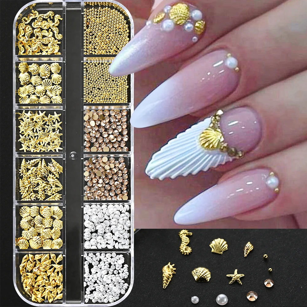 🌊✨ 12Grids Ocean Gold Nail Art Charms | Shell, Seahorse, Starfish & Pearl Gems 🐚🦄 Shop1103833347 Store
