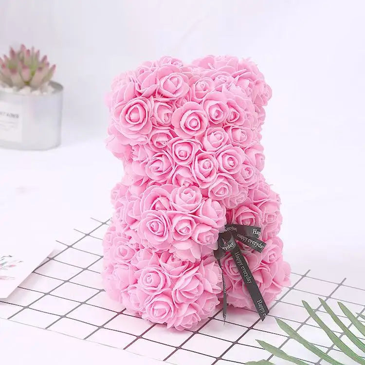 🌹 25 cm-es műrózsa virágmackó – romantikus Valentin-napi és évfordulós ajándék 🧸❤️