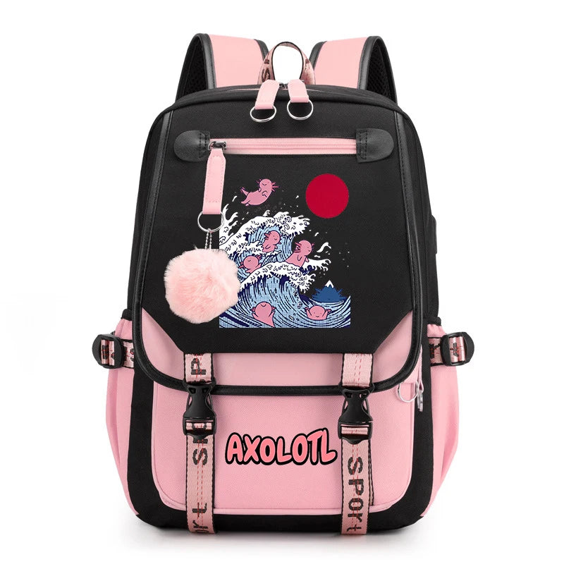 Cute Axolotl Print School Backpack – USB Charging Bag for Girls & Kids
