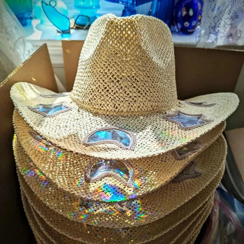 Prism Cowgirl Hat – UPF 50+ Sun Protection with Hand-Strung Prism Charms | Festival & Everyday Glam
