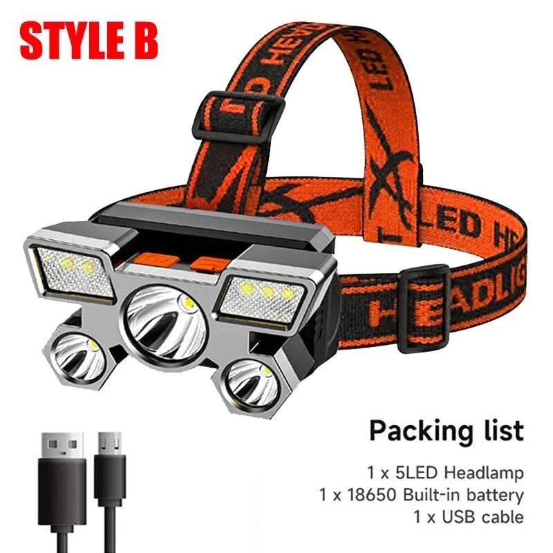 5 LED Rechargeable Headlamp USB Flashlight | Camping Hiking Fishing Light