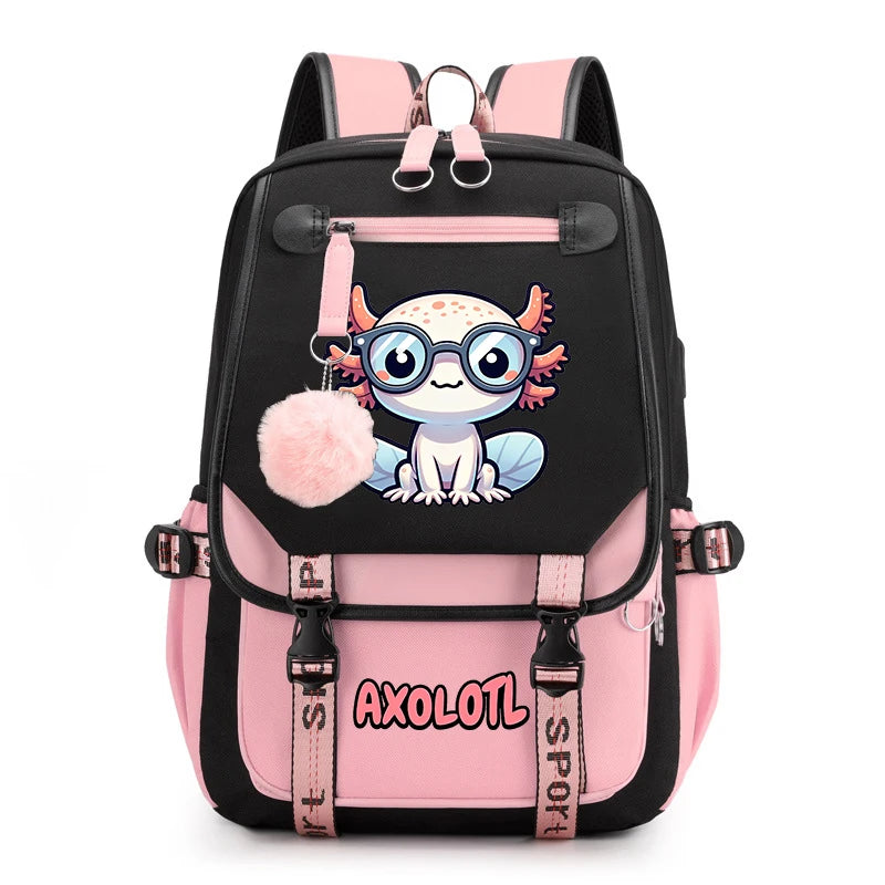 Cute Axolotl Print School Backpack – USB Charging Bag for Girls & Kids