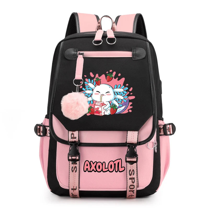 Cute Axolotl Print School Backpack – USB Charging Bag for Girls & Kids