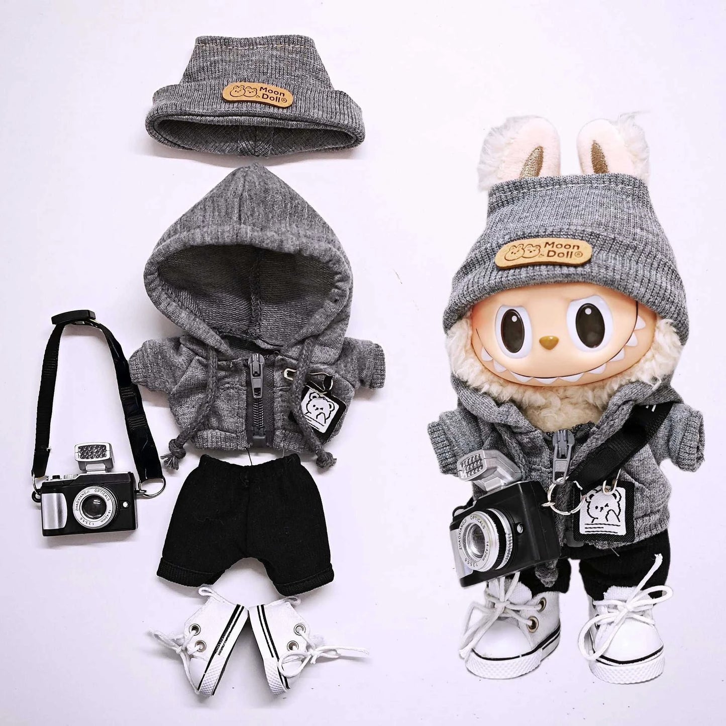 Labubu Universal Hoodie Set – Gray Outfit with Camera, Glasses & Shoes (15-17cm)