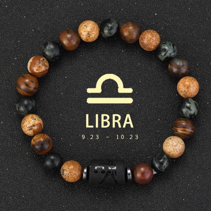 ✨ 12 Zodiac Natural Stone Bracelet – Cancer, Virgo, Leo, Libra – Unisex Couple & Friendship Jewelry Gift