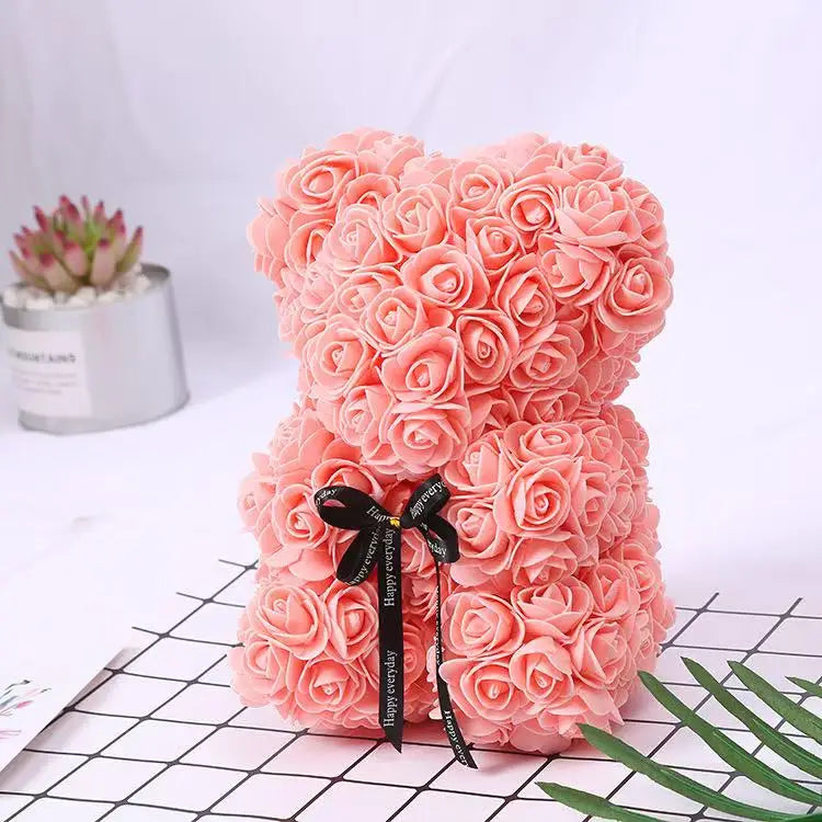 🌹 25 cm-es műrózsa virágmackó – romantikus Valentin-napi és évfordulós ajándék 🧸❤️