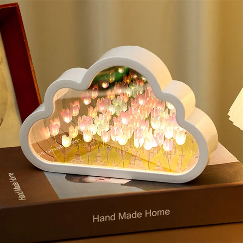 🪞✨ Tulip Cloud Mirror Night Lamp – 4-in-1 DIY Gift for Girls & Women 🎁🌷