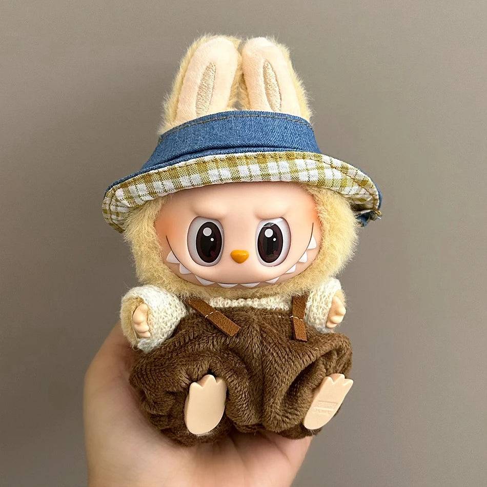 Labubu Autumn Jumpsuit Set – Cartoon Pants & Hat for Plush Dolls (Clothes Only)