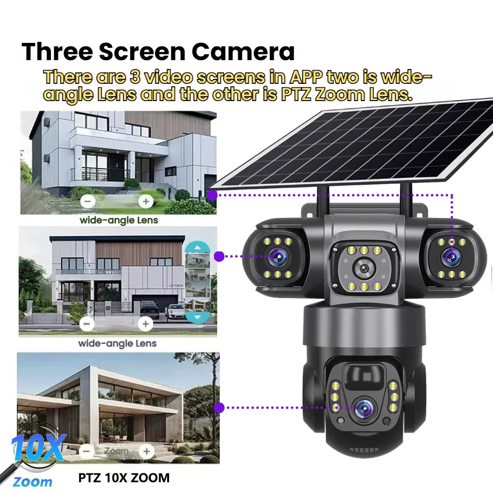 Triple-Lens Solar 360° Dome Camera – 4K Wireless Security with AI Motion Tracking