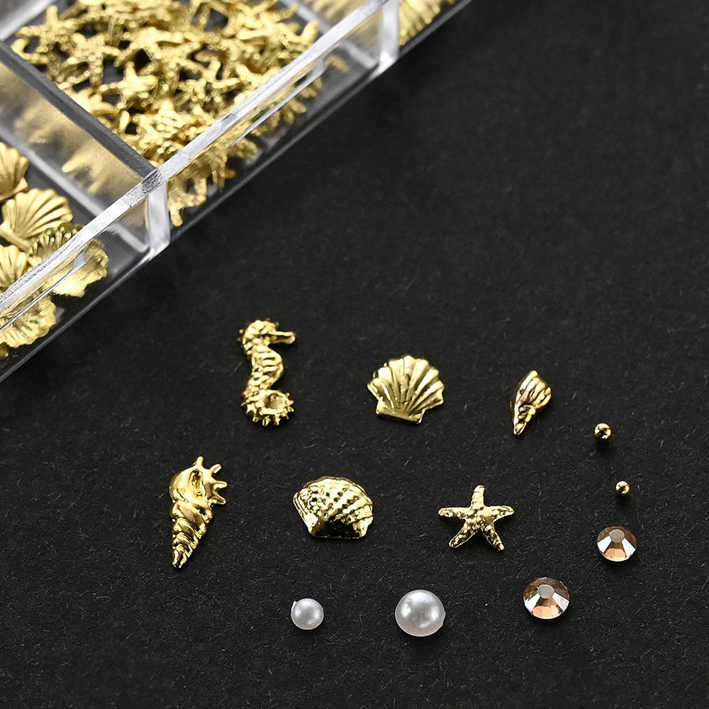 🌊✨ 12Grids Ocean Gold Nail Art Charms | Shell, Seahorse, Starfish & Pearl Gems 🐚🦄 Shop1103833347 Store
