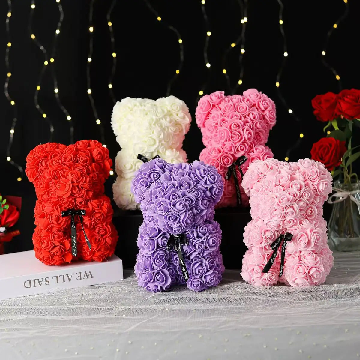 🌹 25 cm-es műrózsa virágmackó – romantikus Valentin-napi és évfordulós ajándék 🧸❤️