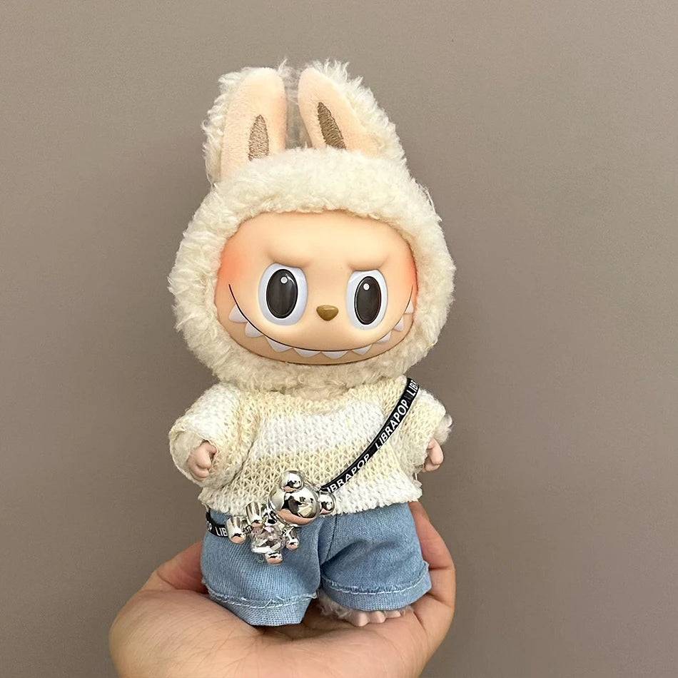Labubu Autumn Jumpsuit Set – Cartoon Pants & Hat for Plush Dolls (Clothes Only)