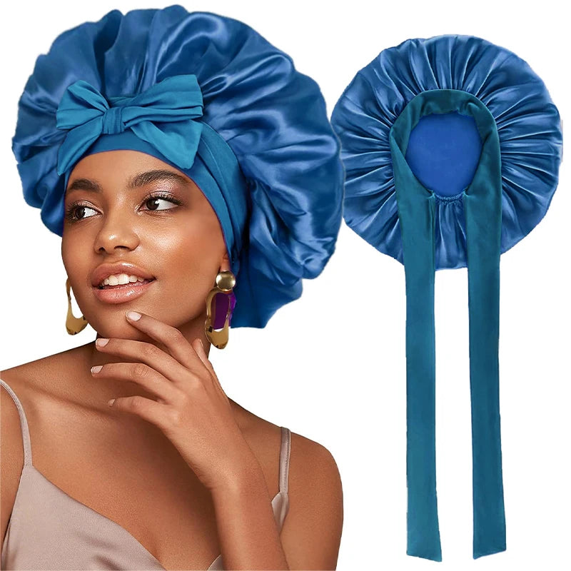Adjustable Satin Sleeping Bonnet for Women – Solid Color Night Cap with Stretchy Tie Band & Elastic Fit