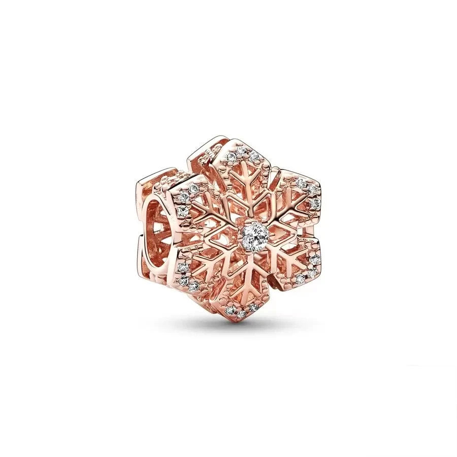✨ Rose Gold Plated Winter Charms – ❄️ Snowflake & 💖 Interlocking Hearts | Pandora-Style Bracelet Compatible