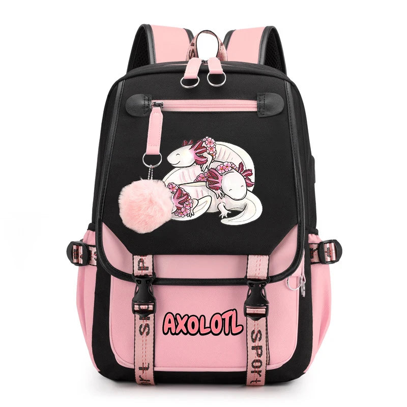 Cute Axolotl Print School Backpack – USB Charging Bag for Girls & Kids