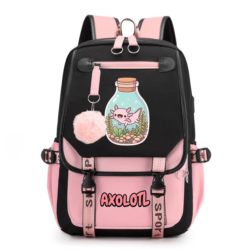 Cute Axolotl Print School Backpack – USB Charging Bag for Girls & Kids