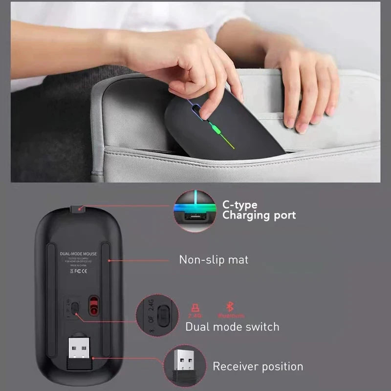 🔥 Wireless Bluetooth & 2.4GHz Dual Mode Rechargeable RGB Mouse – Silent & Ergonomic