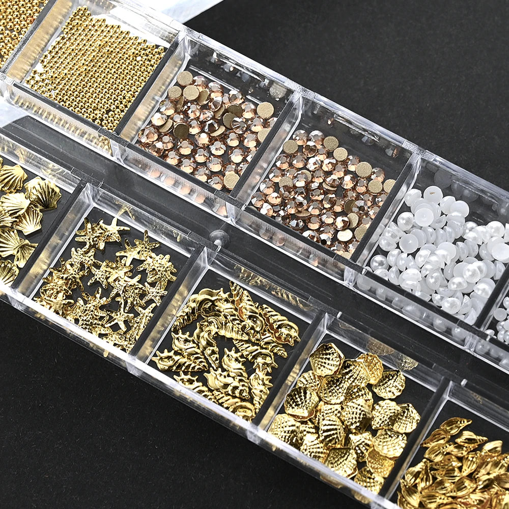 🌊✨ 12Grids Ocean Gold Nail Art Charms | Shell, Seahorse, Starfish & Pearl Gems 🐚🦄 Shop1103833347 Store