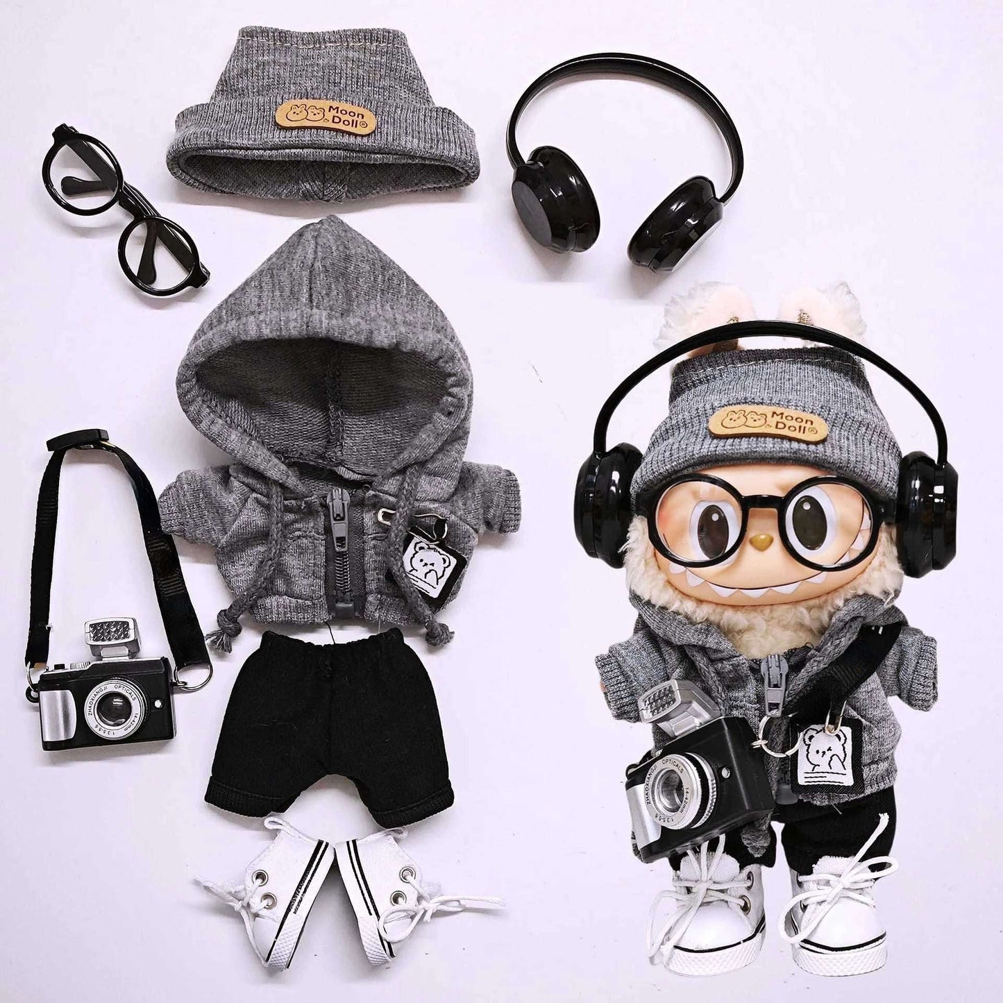 Labubu Universal Hoodie Set – Gray Outfit with Camera, Glasses & Shoes (15-17cm)